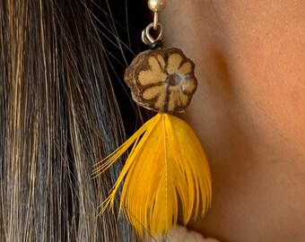 Ayahuasca root with feather handmade earrings