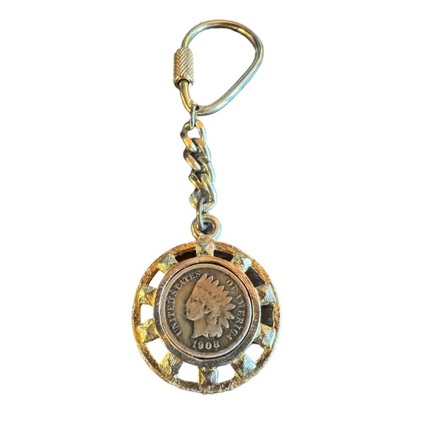 Vintage Indian Head 1908 Penny Gold Tone Key Ring