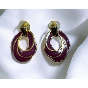 Napier Vintage Pierced Earrings Gold Tone & Burgundy Enamel