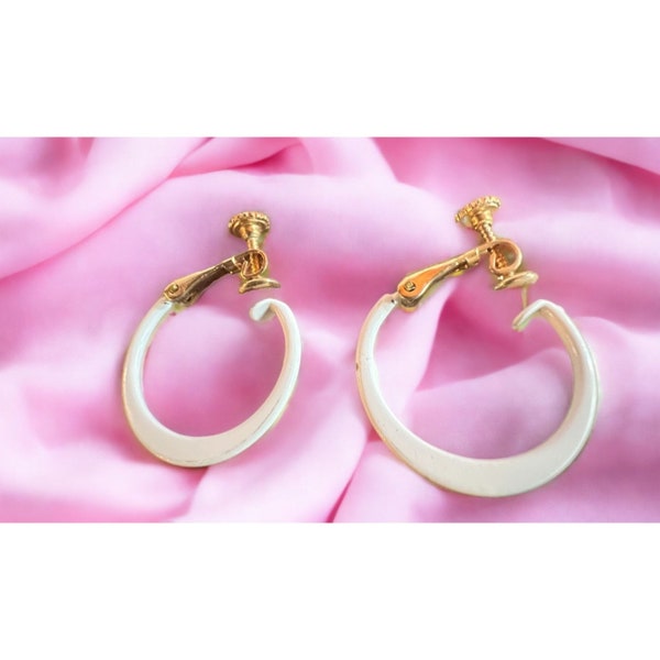 Vintage Napier White Gold Tone Hoop with a Screw Closer Clip On Earrings