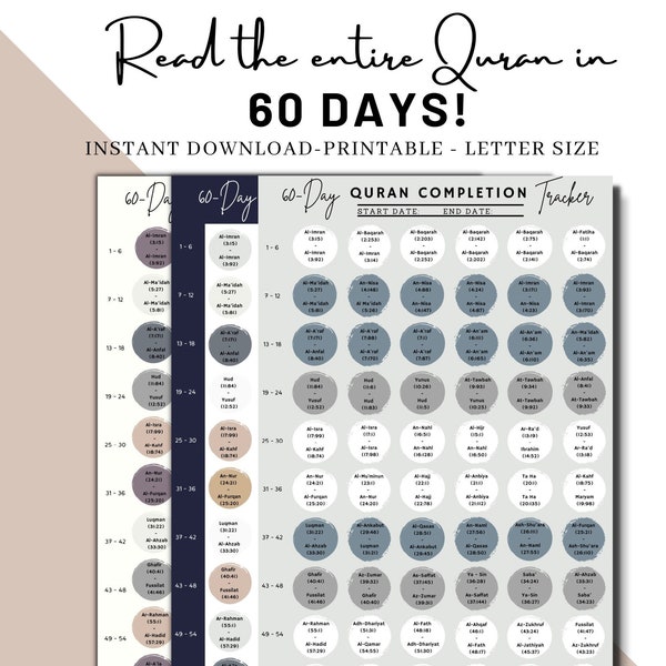 60 Day Quran Planner to Read Quran | Digital Hifdh Planner | 30 Day Ramadan Khatam for Quran Recitation, Review and Memorization