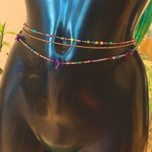 Handmade 3x Gold and Mixed Rainbow Beads with Natural Healing Amethysts Crystal Stones Waist Beads Belly Chain Waist Bead Waistbeads