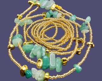 2x perles en or avec cristaux de pierre d'aventurine verte chaîne de ventre de perle de taille