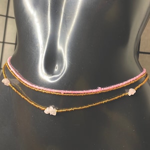 3x Gold and Pink Beads with Natural Healing Rose Quartz Crystal Stones Waist Beads Waist Chain Belly Chain. Screw Clasp