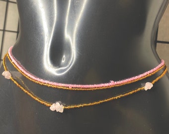 3x Gold and Pink Beads with Natural Healing Rose Quartz Crystal Stones Waist Beads Waist Chain Belly Chain. Screw Clasp