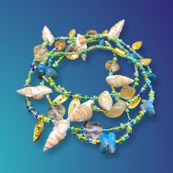 Green Beads With Trumpet Shells and Natural Healing Blue Opal Etsy