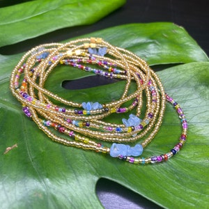 3x Gold and Mixed Rainbow Beads with Natural Healing Aquamarine  Crystal Stones Waist Beads Chain