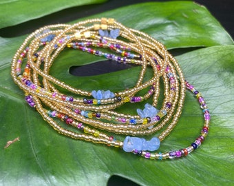 3x Gold and Mixed Rainbow Beads with Natural Healing Aquamarine  Crystal Stones Waist Beads Chain