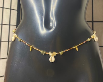 Handmade Brown Beads, Natural Agate & Citrine Gemstones Crystals Sudanese Seashells, gold Pendants Waist Beads Belly Chain Waist Bead