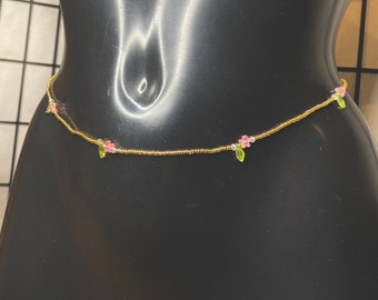 Gold Bead with Cute Pink Flowers and Green Leaf Waist Beads Waist Chain Belly Chain