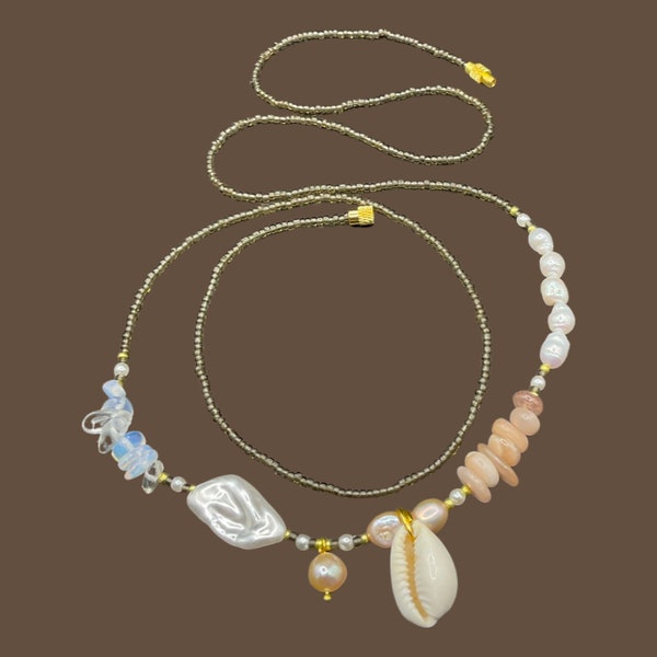 Fresh Water Pearls Waist Bead with brown Beads, Natural Moonstone, Opal & Sudanese Seashell Beach Waist Beads Summer Crystal Gemstones