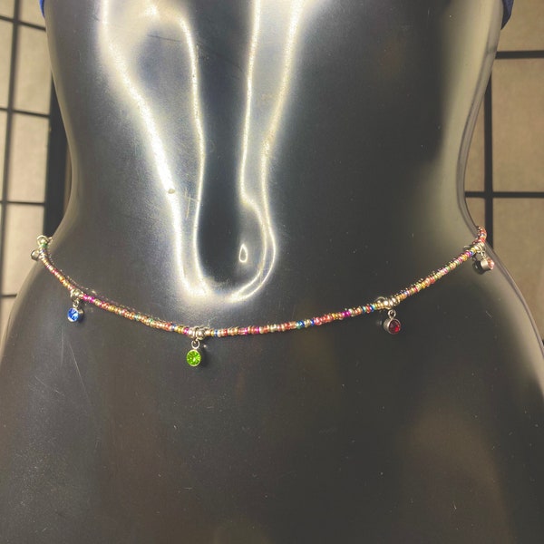 Metallic Multi Colour Rainbow Mix Beads with Dangling Colourful Silver Rhinestone Diamanté Pendants Waist Beads Waist Chain Belly Chain