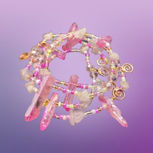 Boho Mixed Pink Beads with Natural Raw Rose Quart Chips & large Pillar Rock Quartz Crystal Gemstone Waist Beads Waist Chain Belly Chain