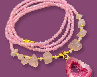 Handmade Pink Beads with Natural Raw Rose Quartz Chips and Quartz Crystal Gemstone Pendant Gold Detail Waist Beads Waist Chain Belly Chain