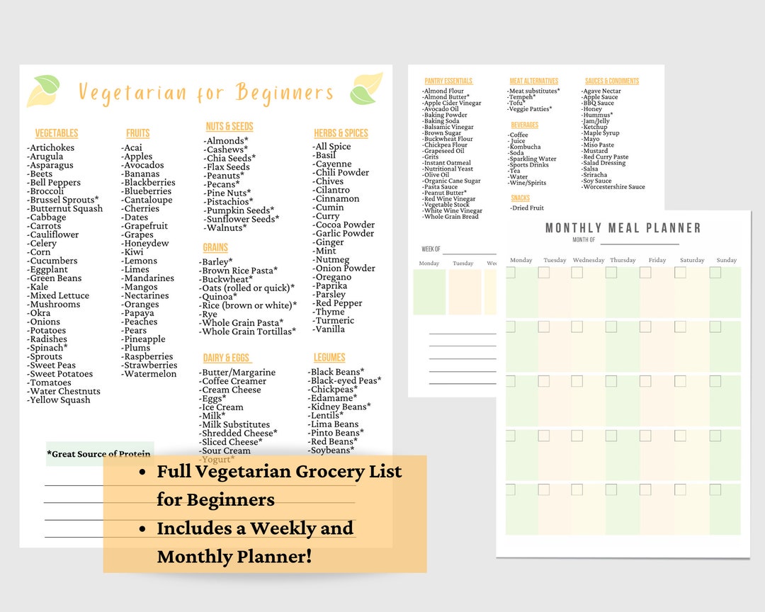 Vegetarian Grocery List With Planner PRINTABLE Etsy
