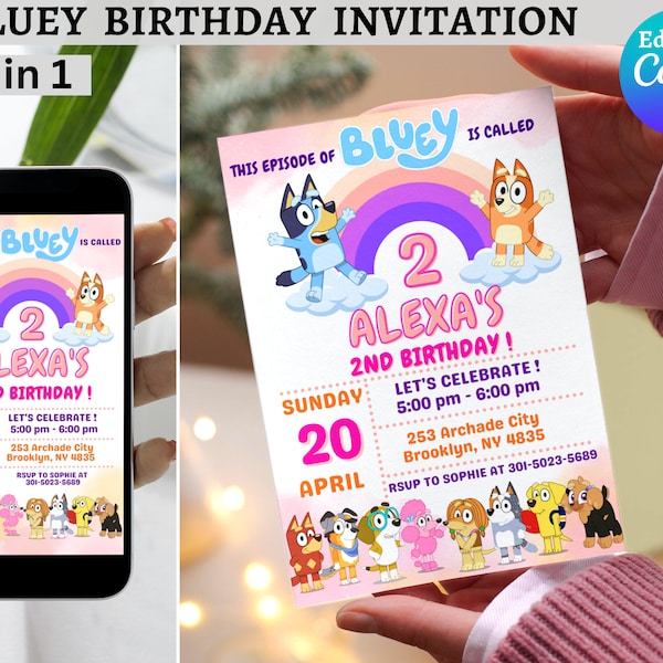 Pink Bluey birthday invitation digital download, Bluey Digital Invite Inspired by Bluey Birthday Custom Invitation Editable Bluey Invitation