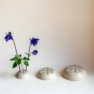 Può includere: Tre ranocchi in ceramica per fiori con finitura screziata bianco sporco. Un ranocchio contiene fiori blu e foglie verdi. Due ranocchi aggiuntivi sono a forma di cupola con fori multipli. I ranocchi sono progettati per la composizione floreale.