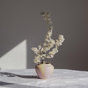Könnte beinhalten: Eine kleine, zweifarbige rosa und gelbe Keramikvase hält einen blühenden Zweig mit weißen Blüten. Die Vase steht auf einer weißen Tischdecke, mit Schatten, die über die Oberfläche fallen. Die Anordnung ist einfach und elegant.