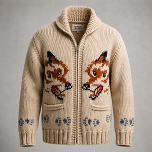 May include: A beige zip-up cardigan sweater with a shawl collar. The sweater features a fox design on the front and blue and beige floral patterns on the cuffs and hem. The label reads "VIRAL JACKETS".