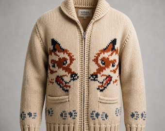 Cárdigan de punto a mano con diseño de lobo, cárdigan del proyecto Hail, suéter con cremallera, suéter de punto de invierno para hombre, mezcla de lana con cuello chal.