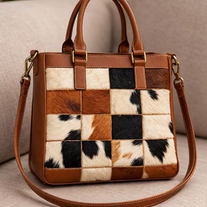 Könnte beinhalten: Eine braune und beige Lederhandtasche mit einem Patchwork-Design auf der Vorderseite. Der Patchwork-Bereich besteht aus Quadraten aus Kuhfell in Braun-, Schwarz- und Weißtönen. Die Tasche hat zwei obere Griffe und einen abnehmbaren Schulterriemen.