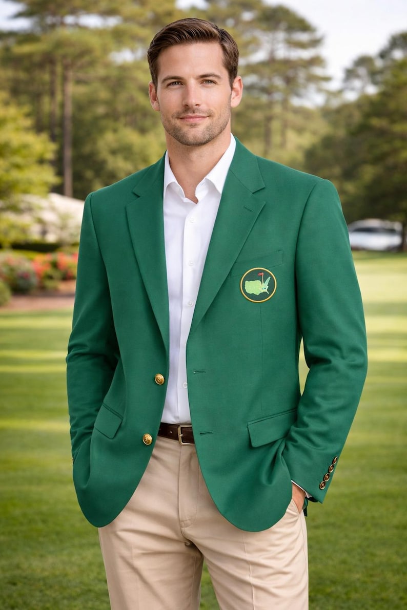 May include: A green blazer with gold buttons and a patch featuring a golf course logo. The blazer is worn over a white shirt and paired with khaki pants. The person is standing on a green lawn.