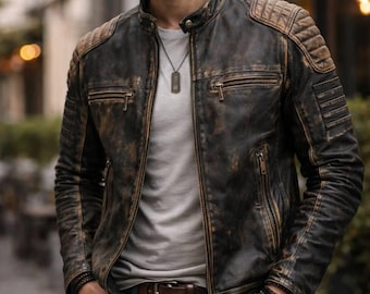 Distressed Leather Biker Jacket for Men | Real Leather Jacket | Brown Men's Winter Leather | Mens Biker Leather Jacket Zipper Stand Collar