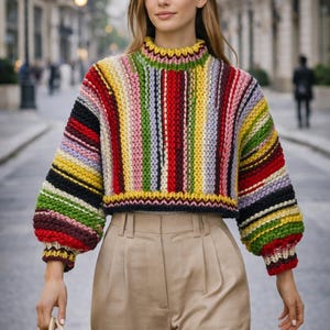 Könnte beinhalten: Ein gecroppter, grob gestrickter Pullover mit hohem Kragen und langen Ärmeln. Der Pullover hat vertikale Streifen in verschiedenen Farben, darunter Rot, Gelb, Grün und Rosa. Das Model trägt eine beige Hose und eine kleine, cremefarbene Handtasche.