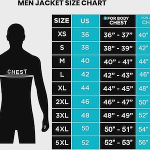 May include: A jacket size chart for men, with a black silhouette of a person and a table detailing sizes from XS to 5XL. The chart includes US sizes, body chest measurements in inches, and jacket chest measurements in inches.