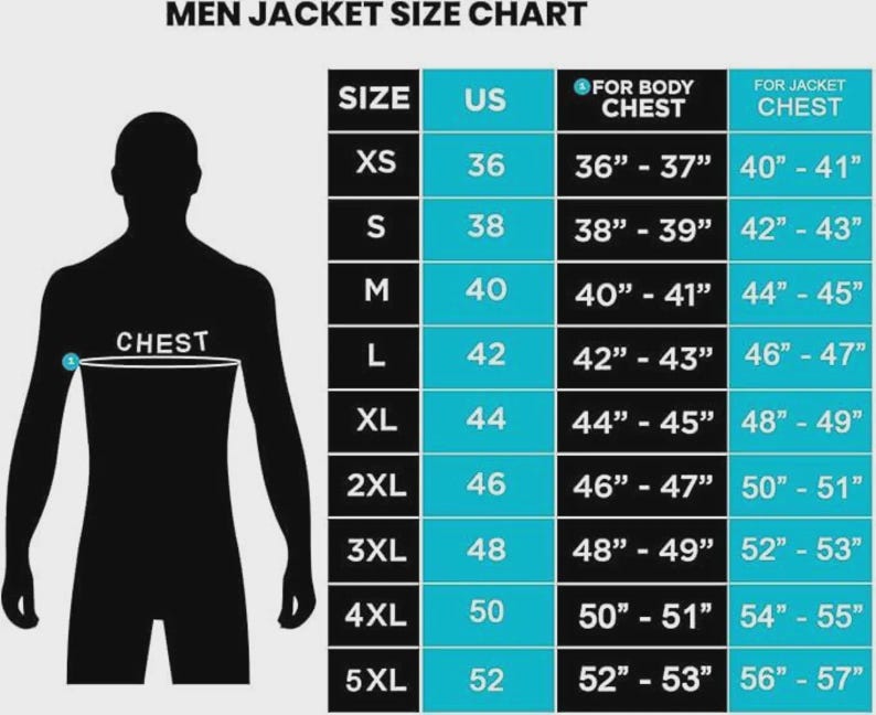 May include: A jacket size chart for men, with a black silhouette of a person and a table detailing sizes from XS to 5XL. The chart includes US sizes, body chest measurements in inches, and jacket chest measurements in inches.
