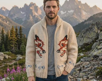 Cárdigan de punto a mano con diseño de lobo, cárdigan del proyecto Hail, suéter con cremallera, suéter de punto de invierno para hombre, mezcla de lana con cuello chal.