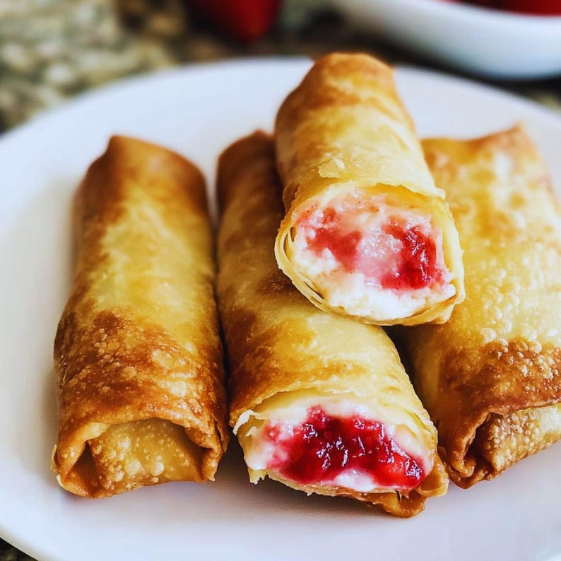 K&ouml;nnte beinhalten: Nahaufnahme von vier goldbraunen, knusprigen Fr&uuml;hlingsrollen auf einem wei&szlig;en Teller. Eine Fr&uuml;hlingsrolle ist aufgeschnitten und zeigt eine wei&szlig;e, cremige F&uuml;llung und eine leuchtend rote Fruchtf&uuml;llung. Die anderen Fr&uuml;hlingsrollen sind intakt und zeigen ihre flockigen, strukturierten Oberfl&auml;chen.