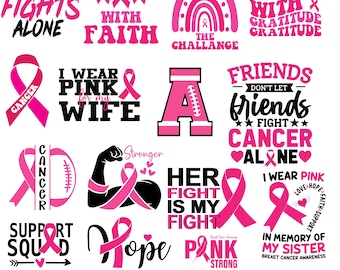 May include: A collection of pink and white breast cancer awareness designs. The designs include text such as "No One Fights Alone," "Hope," and "Her Fight Is My Fight," along with pink ribbons and other graphics. The bottom of the image reads "190+ Breast Cancer Mega Bundle."