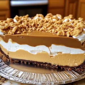 May include: A slice of layered dessert pie with a graham cracker crust, topped with crushed graham crackers. The pie has layers of whipped cream, peanut butter, and caramel.