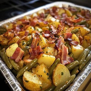 Receta fácil de judías verdes y patatas con tocino al estilo ranchero para descargar en formato digital e imprimible
