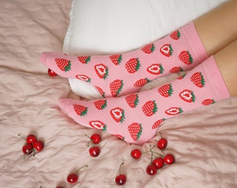 Socken Strümpfe Baby Kinder Söckchen Muster Weiß Kirschen Erdbeeren 50-98