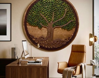 Lebensbaum – Großes rundes Seil-Wandbild, 100 cm, handgefertigt auf Holzplatte, einzigartiges Kunstwerk, individuell anpassbar, alle Farben.