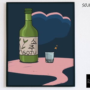 Soju Illustration Poster, koreanische traditionelle Alkohol Illustration Wandkunst, Wand dekor, Illustration für Wohnzimmer, Küche, Esszimmer, Bad