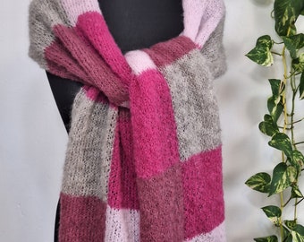 Hand Knit Alpaca Scarf: Pink Checkered Brushed Silk