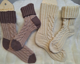 Hand knitted wool socks of warm natural yarn, home slipper cable knit socks, size 40/42.