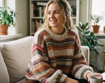 Hand Knit Striped Alpaca Sweater: Custom Color Oversize Jumper