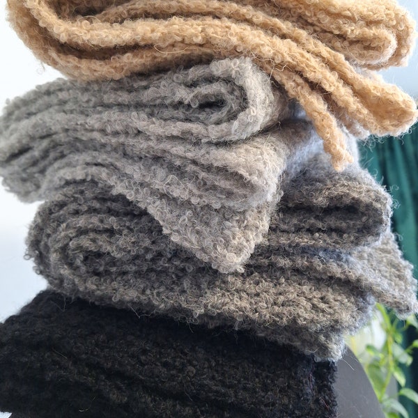 Very soft and light hand knitted alpaca boucle scarf from alpaca wool for women and man in beige, light gray, gray, black  color.