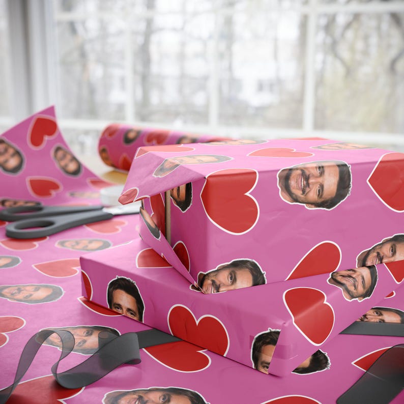 Pedro Pascal Pink Heart Gift Wrap Paper | Cute Actor Face Wrapping Paper | Fun Romantic Gift Wrap for Fans & Special Occasions image 4