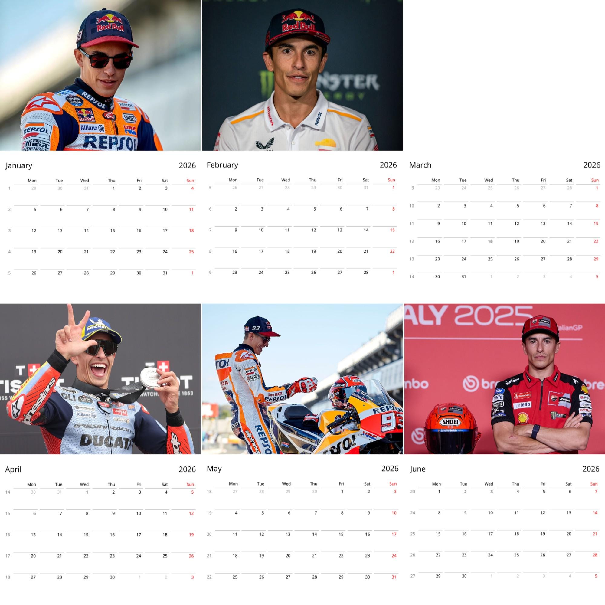 マルク・マルケス 2026 壁掛けカレンダー、ファン限定MotoGPスター
