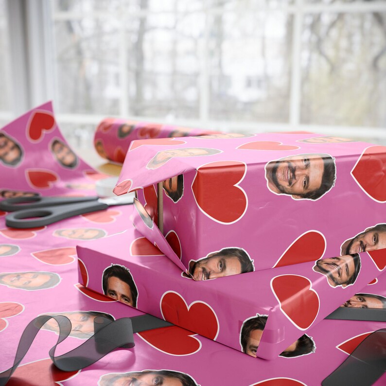 Pedro Pascal Pink Heart Gift Wrap Paper | Cute Actor Face Wrapping Paper | Fun Romantic Gift Wrap for Fans & Special Occasions image 3