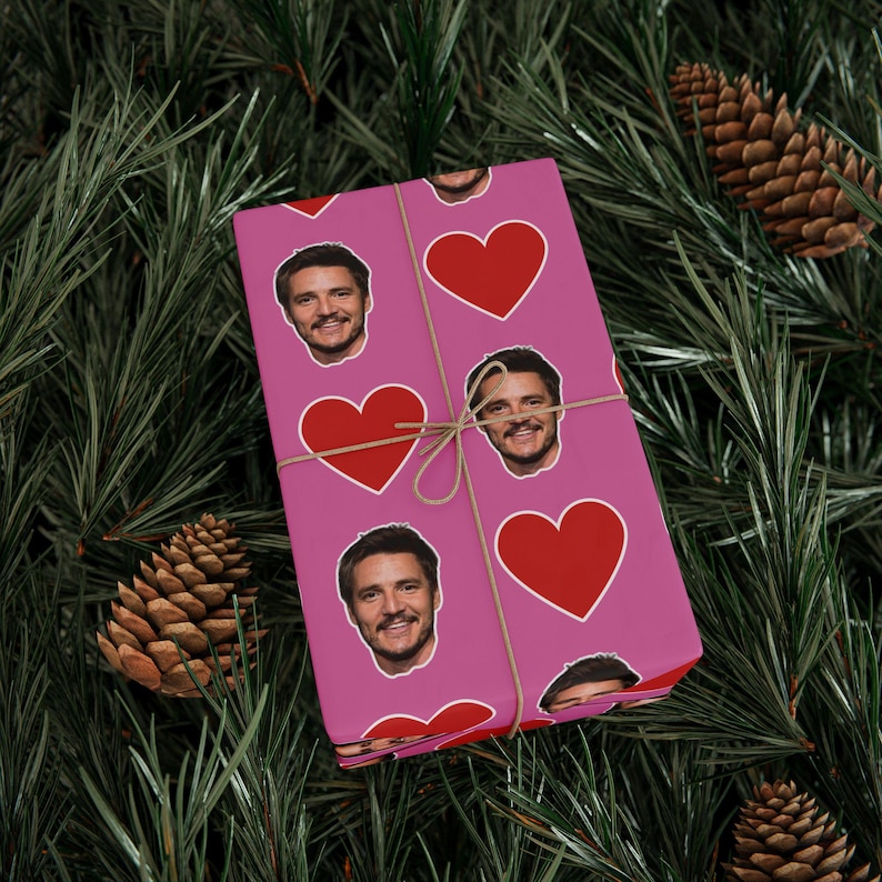 Pedro Pascal Pink Heart Gift Wrap Paper | Cute Actor Face Wrapping Paper | Fun Romantic Gift Wrap for Fans & Special Occasions image 1