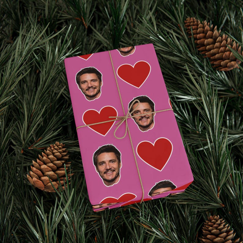 Pedro Pascal Pink Heart Gift Wrap Paper | Cute Actor Face Wrapping Paper | Fun Romantic Gift Wrap for Fans & Special Occasions image 2