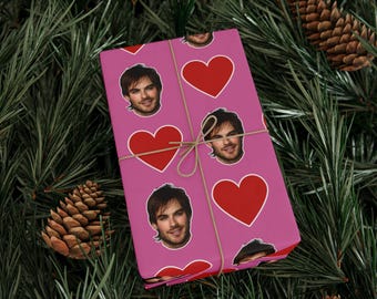Ian Somerhalder Pink Heart Gift Wrap Paper | Cute Actor Face Wrapping Paper | Fun Romantic Gift Wrap for Fans & Special Occasions