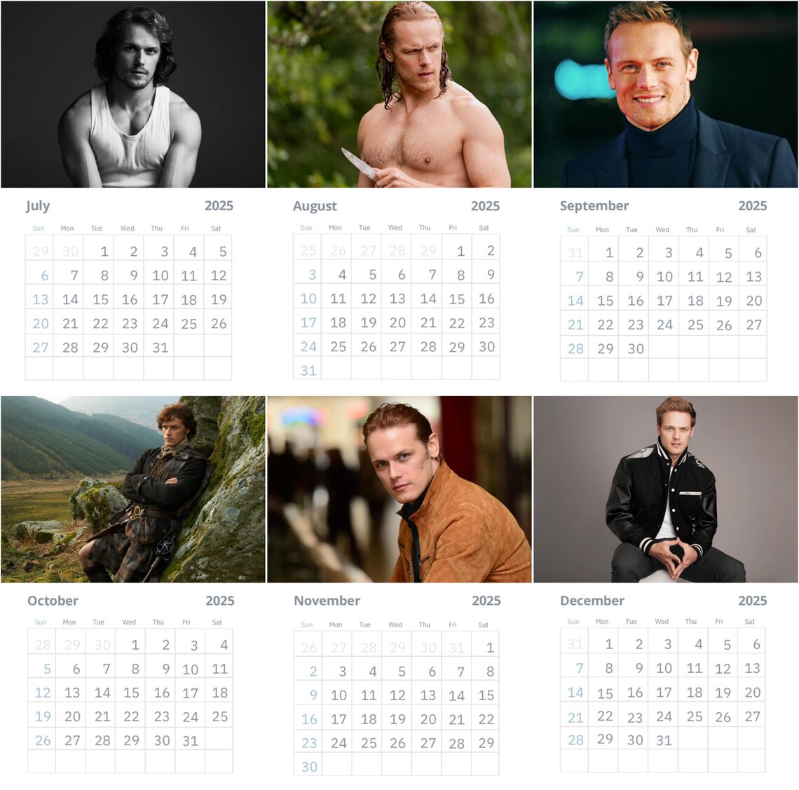 Sam Heughan Wall Calendar 2025 Vol 1 Large, Fan Gift, Outlander, Men in