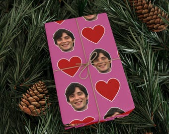 Cillian Murphy Pink Heart Gift Wrap Paper | Cute Actor Face Wrapping Paper | Fun Romantic Gift Wrap for Fans & Occasions